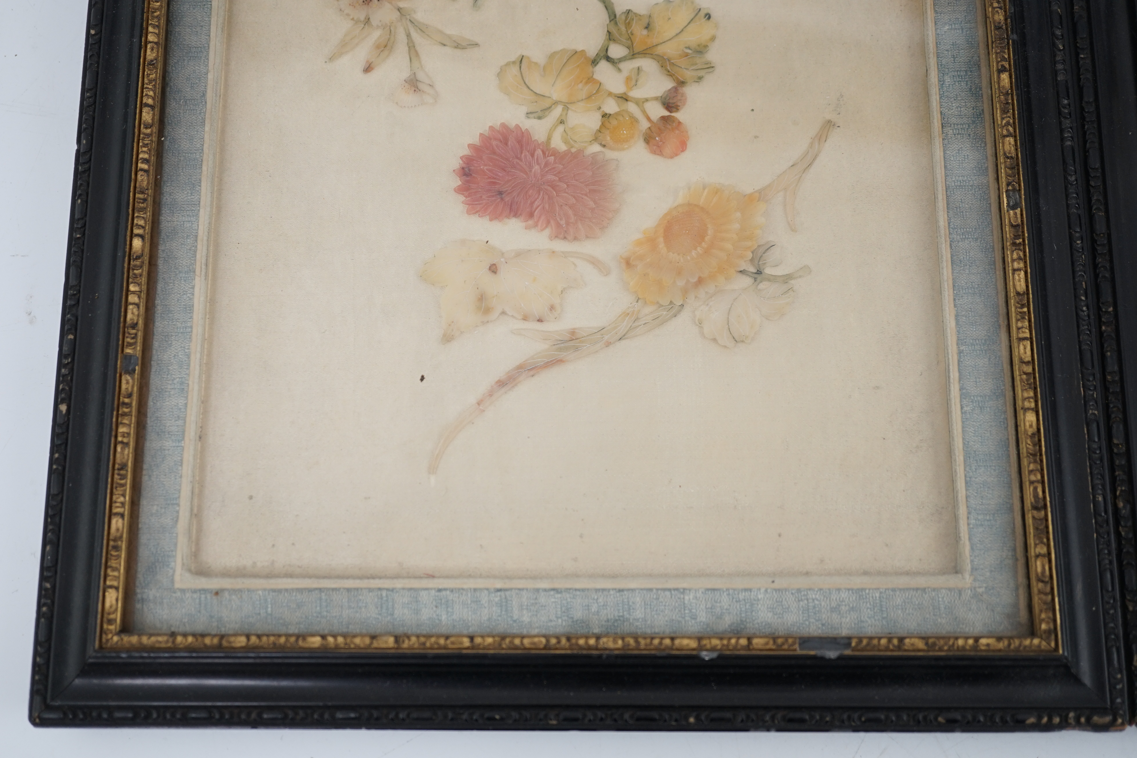 A pair of Chinese hardstone or soapstone appliqué work pictures of antiques, early 20th century
